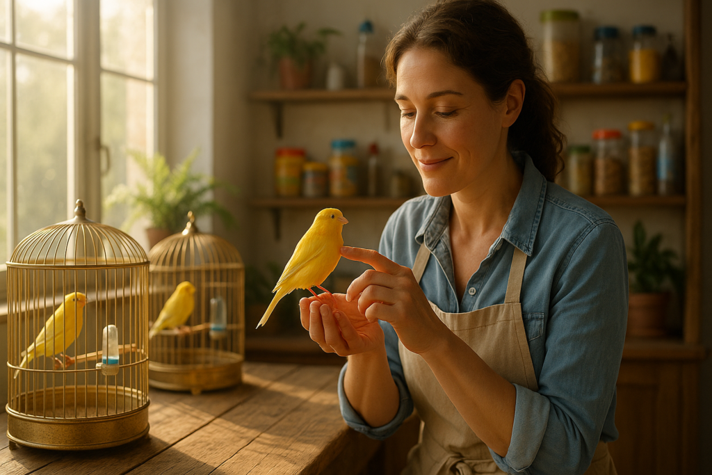 Canario alimentando a sus crías en nido