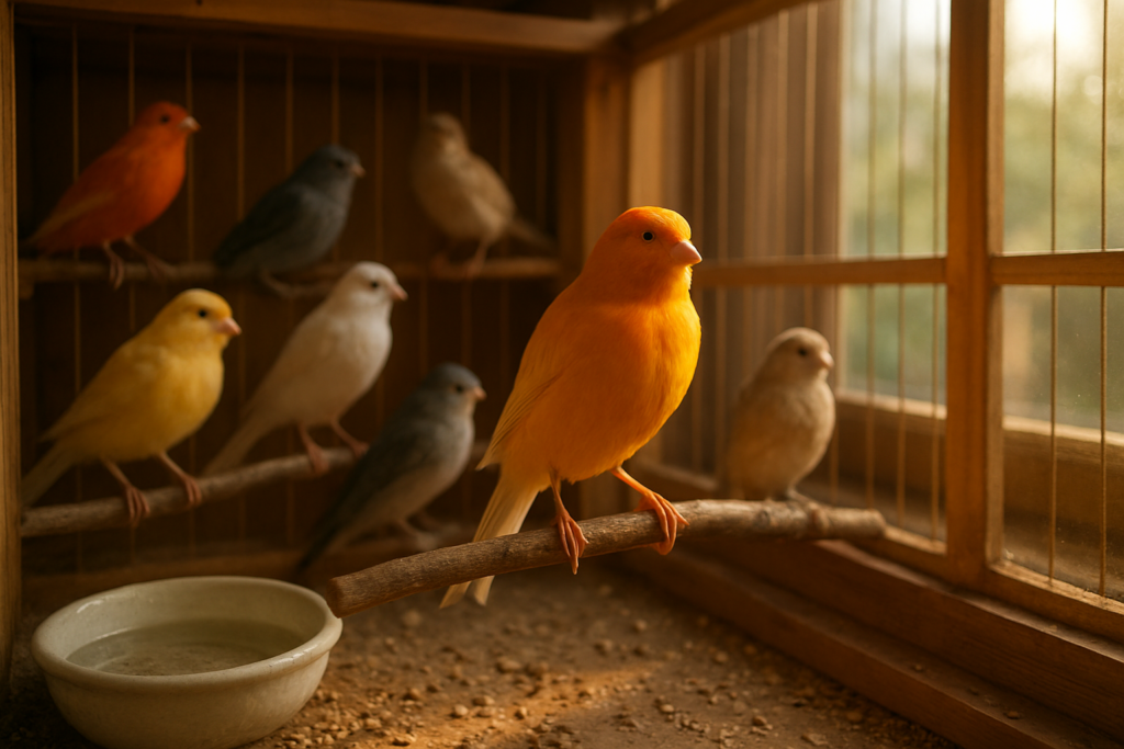 Canarios de postura en aviario durante la gestión de cría