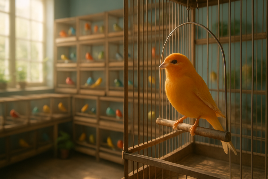 Colorful canaries in a breeding aviary for Gescría