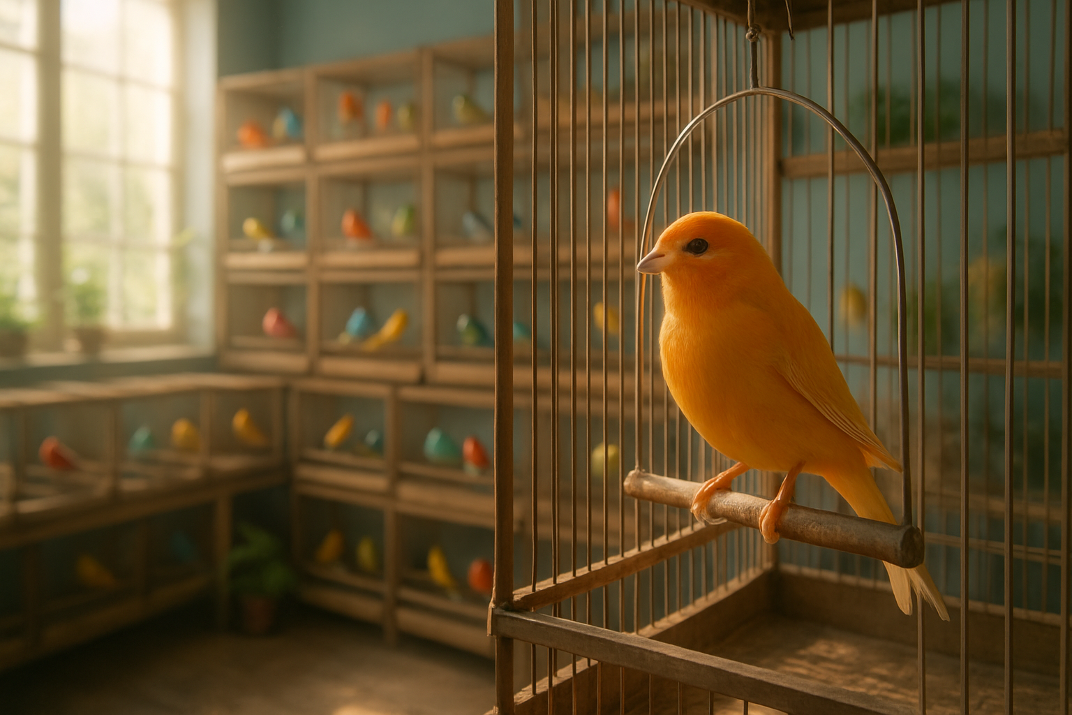 Colorful canaries in a breeding aviary for Gescría